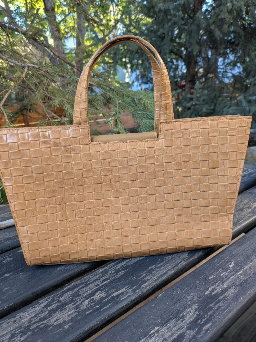 Vintage Classiques Entier Basketweave Leather Tote Bag-Tan/Beige.